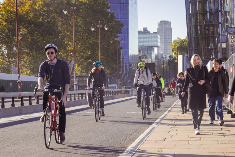 People walking and cycling in Blackfriars, London