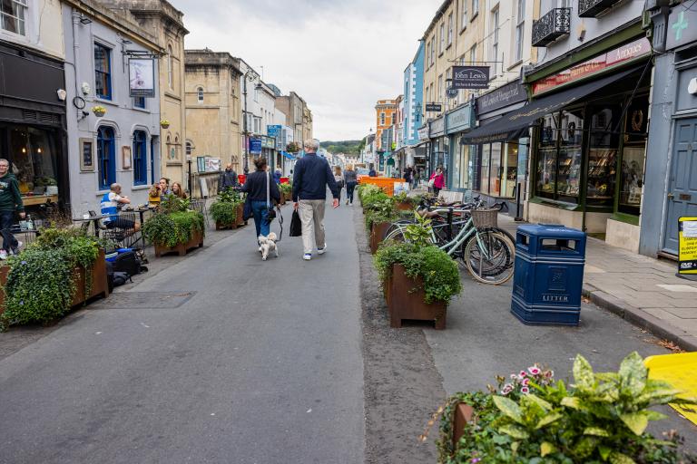 People walking on road in a low traffic neighbourhood in Cotham Hill, Bristol.