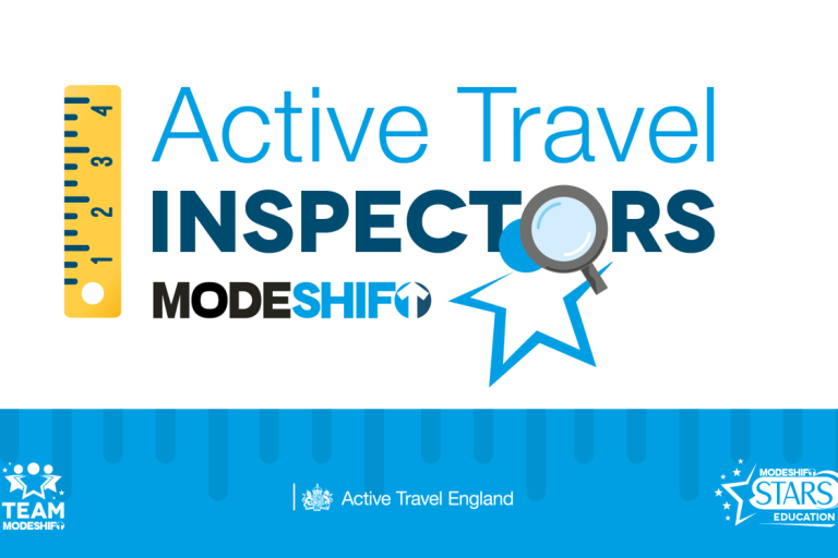 Active travel inspectors written in blue on a white background with Modeshift and ATE logos