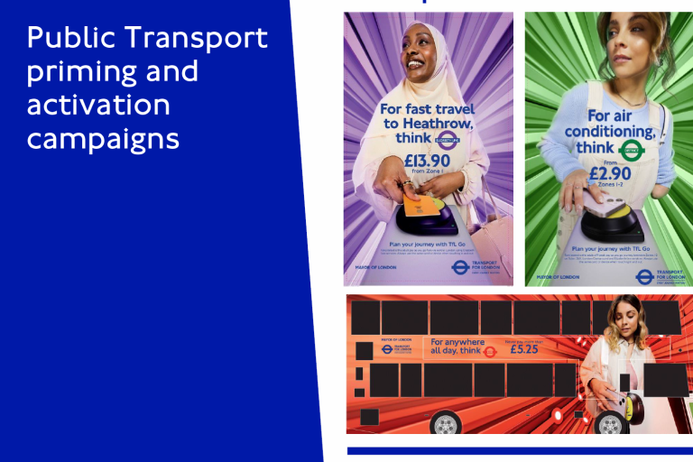 Text reads: "Public transport priming and activation campaigns". Images show people using mobile phones or cards on card readers under a heading that reads "Champion value and car driver nudges"