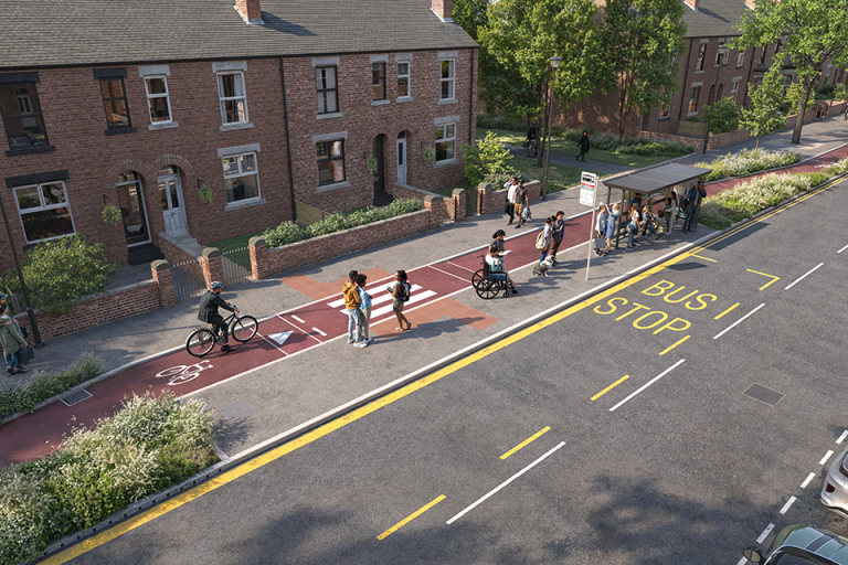An image of a standard floating bus stop, where the cycle track and bus stop intersect.