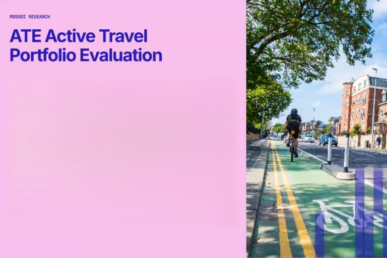 An image of cyclists on a cycle lane. Text on one side of the image reads: "Mosodi Rsearch. ATE Active Travel Portfolio Evaluation."