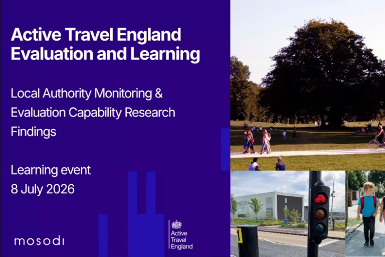 Three images, including one of pedestrians and cyclists using a shared-use path in a park setting, a close-up of a signalised crossing, and children walking on a street with backpacks on. Text reads: "Active Travel England Evaluation and Learning. Local Authority Monitoring and Evaluation Capability Research Findings. Learning event 8 July 2026. Mosodi."