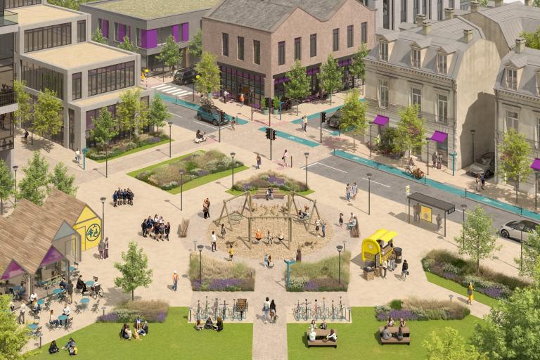 Computed-generated image showing public space which features a pedestrianised area containing swings facing each other, a range of seating with people sitting, a bus stop with lighting and live time information, a signed changing places facility, wayfinding, outdoor seating outside a case. There is a road with a segregated cycle lane and a woman cycling a cargo bike. There is low level planting and a range of lighting. There are school children walking in uniform. 