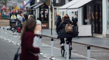 Cyclist in segregated lane in Leicester.