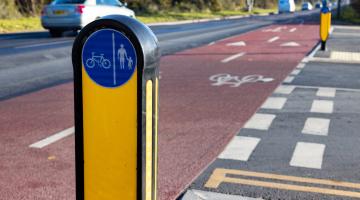 Cycle lane with bollard in Bournemouth.